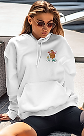 Bisikletli Ayı Unisex Kapşonlu Sweatshirt Beyaz